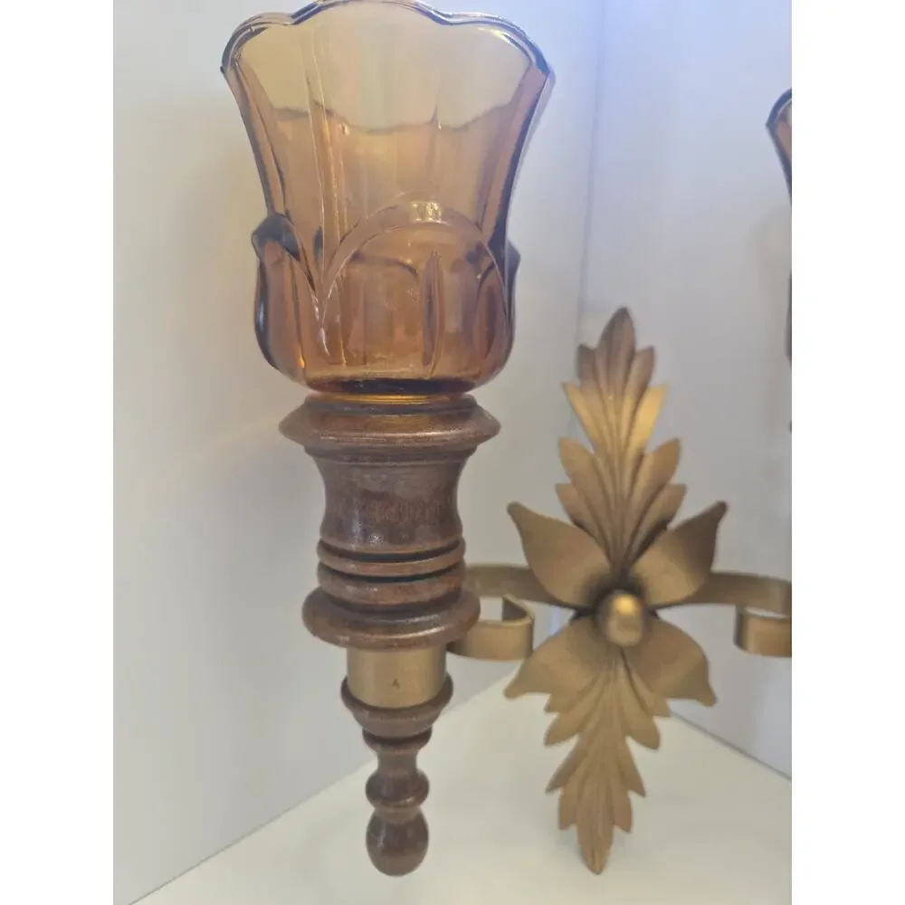 Vintage Homco Double Wall Sconce - Wood, Brass Finish & Amber Glass Sconces